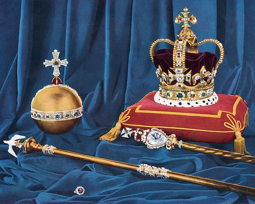 Some of the British Crown Jewels including "St Edward's Crown, the Crown of England, which weighs nearly five pounds, the Orb of solid gold, the Sceptre with the Cross, Sceptre with the Dove, and the Ring. Photo Credit: Public Domain via Wikimedia Commons.